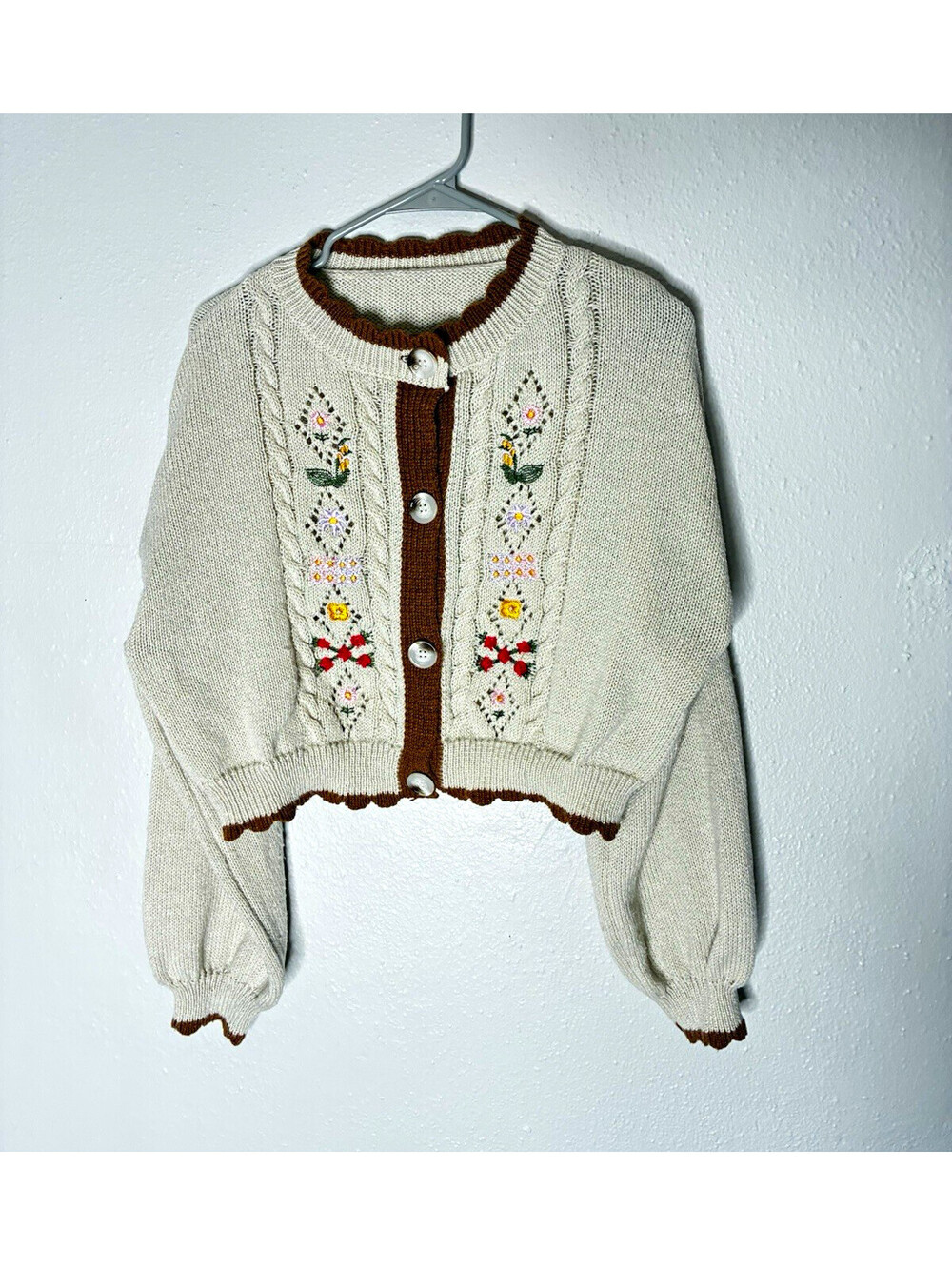 Cute Cottagecore Floral Embroidered Crop Knit Cardigan Sweater Cream & Brown XL